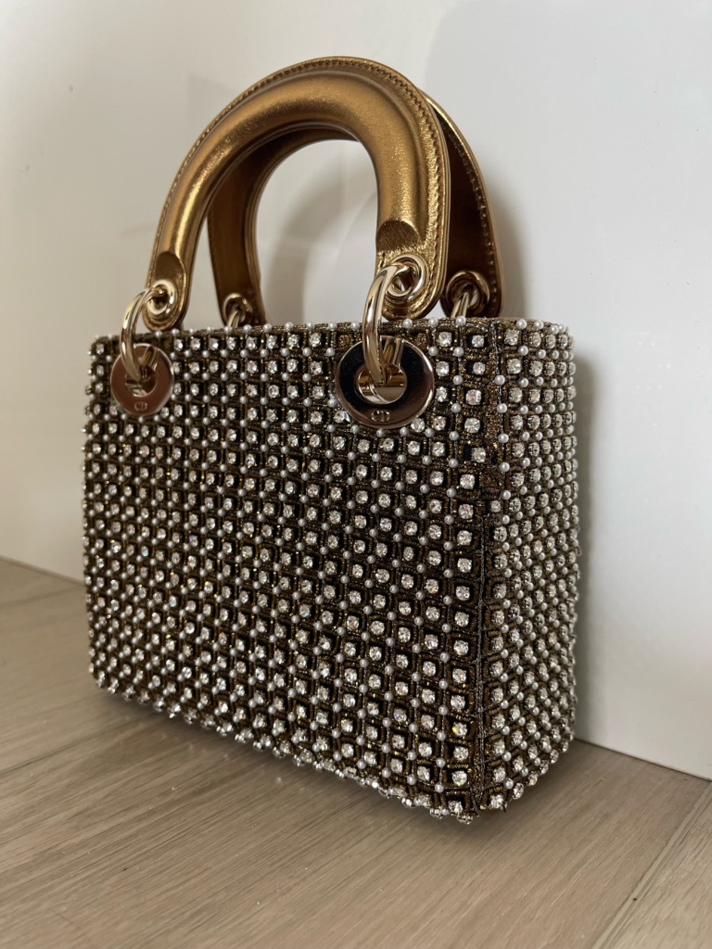 Lady Dior Mini Crystal-Embellished Bag in Gold - Picture 10 of 11